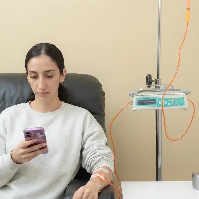 Persona en sillón reclinable revisando su teléfono mientras recibe la infusión